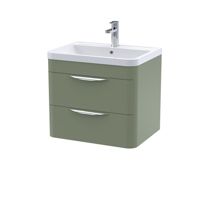 A modern green wall-hung bathroom vanity unit with ceramic basin and chrome mixer tap.