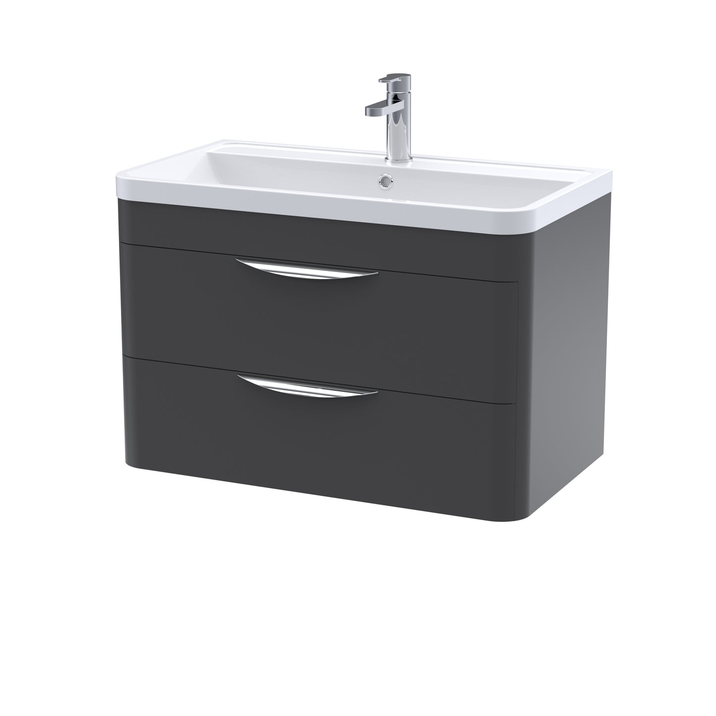 A modern black wall-hung bathroom vanity unit with ceramic basin and chrome mixer tap.