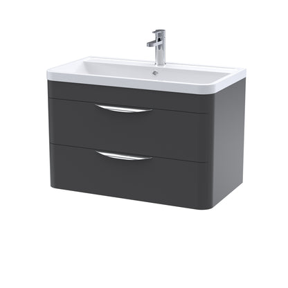 A modern black wall-hung bathroom vanity unit with ceramic basin and chrome mixer tap.