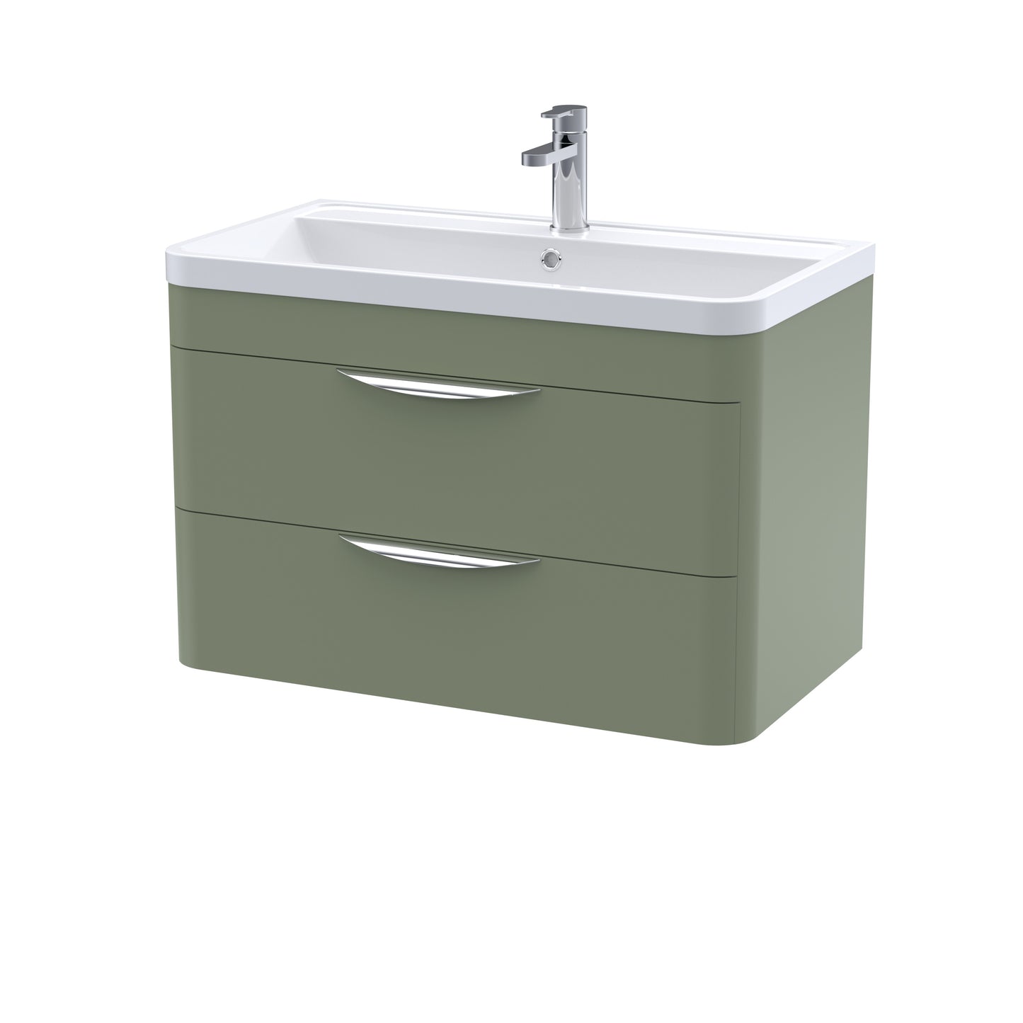 A modern green wall-hung bathroom vanity unit with ceramic basin and chrome mixer tap.