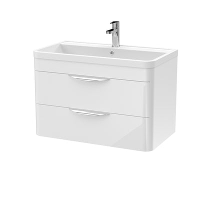 A modern white wall-hung bathroom vanity unit with ceramic basin and chrome mixer tap.