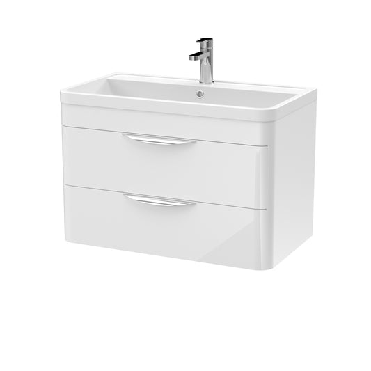 A modern white wall-hung bathroom vanity unit with ceramic basin and chrome mixer tap.