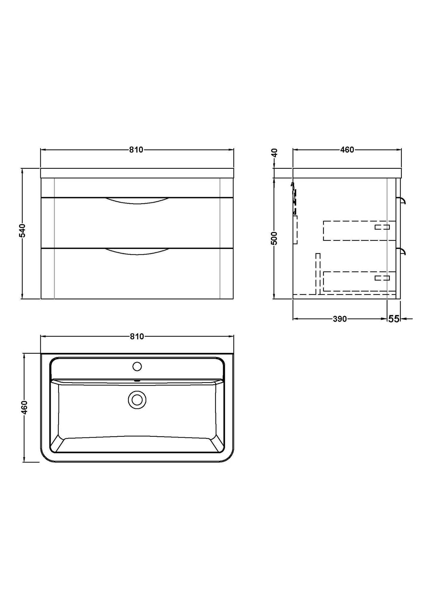 technical drawing showing dimensions of vanity unit and basin, dimensions for height, width and depth are shown.