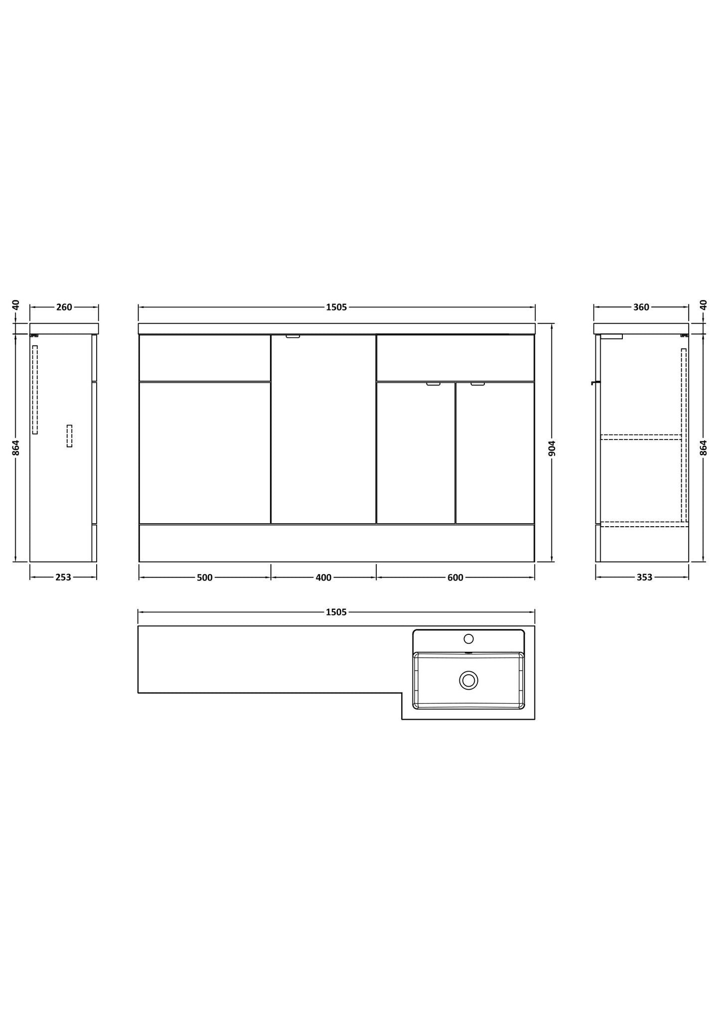 Plan showing measurements of a combination bathroom furniture, showing measurements for height, width and depth.