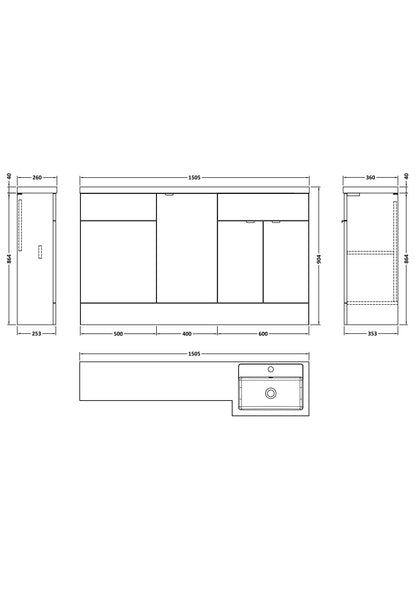 Plan showing measurements of a combination bathroom furniture, showing measurements for height, width and depth.