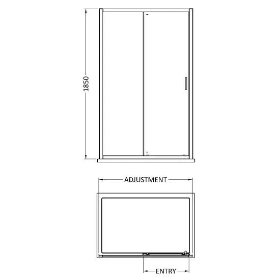 Image shows a technical drawing showing the dimensions and assembly of a matt black sliding door shower enclosure.