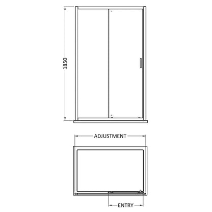 Image shows a technical drawing showing the dimensions and assembly of a matt black sliding door shower enclosure.