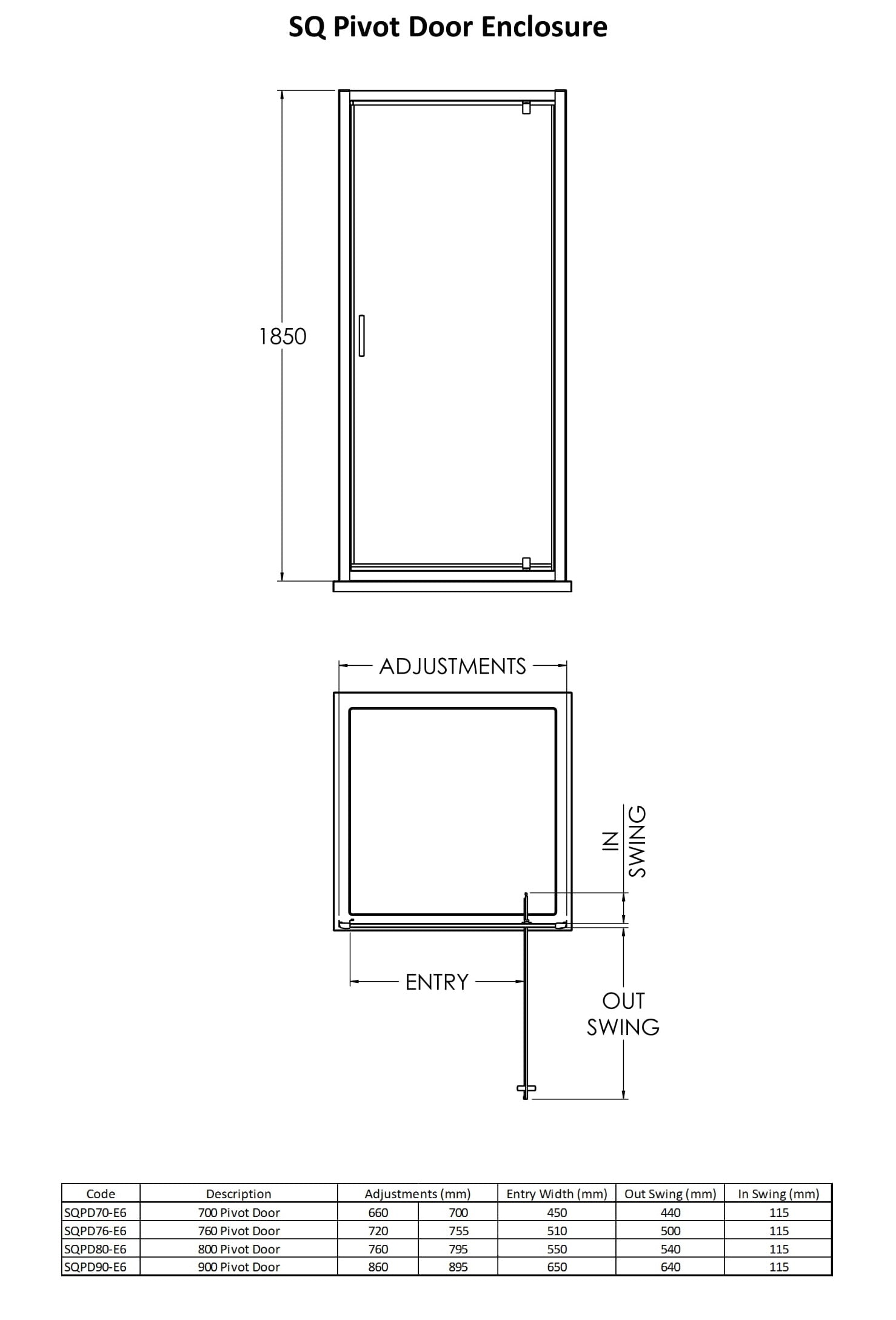 Technical drawing showing pivot door elcnlosure dimensions for height, depth and width. Shows door opening position.