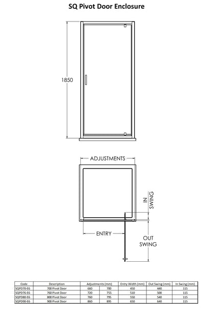 Technical drawing showing pivot door elcnlosure dimensions for height, depth and width. Shows door opening position.