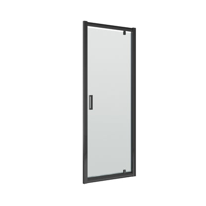 A matt black framed sliding shower door enclosure with clear glass panels and a square D-bar handle.