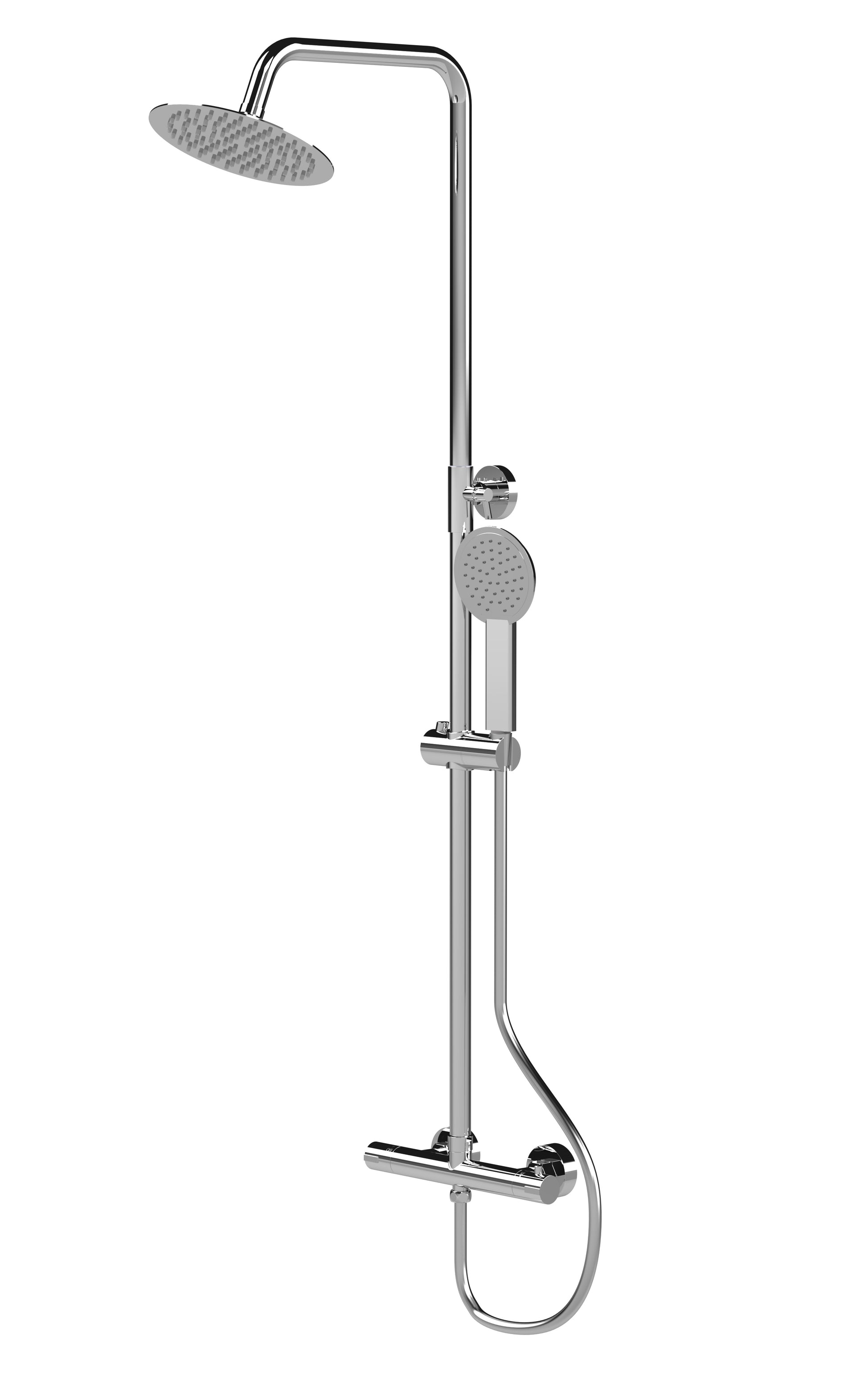 A chrome-colored Nuie Round Thermostatic Bar Shower with a large overhead shower head and a matching handheld shower head, set against a white background.
