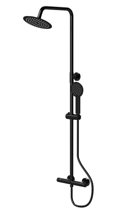 A matt black-colored Nuie Round Thermostatic Bar Shower with a large overhead shower head and a matching handheld shower head, set against a white background.