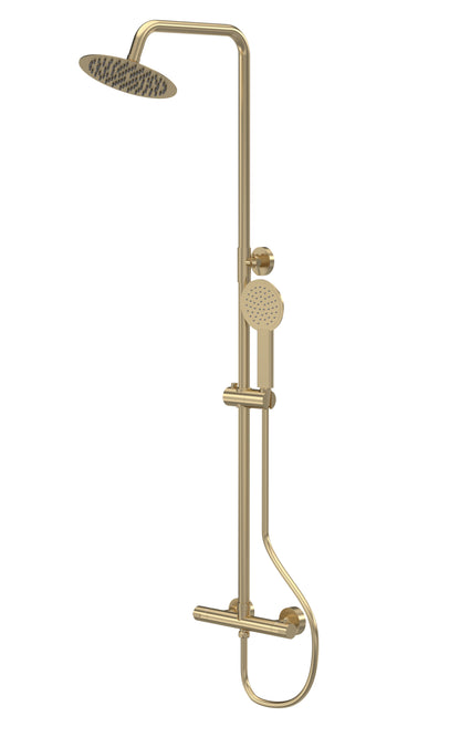 A brushed brass-colored Nuie Round Thermostatic Bar Shower with a large overhead shower head and a matching handheld shower head, set against a white background.