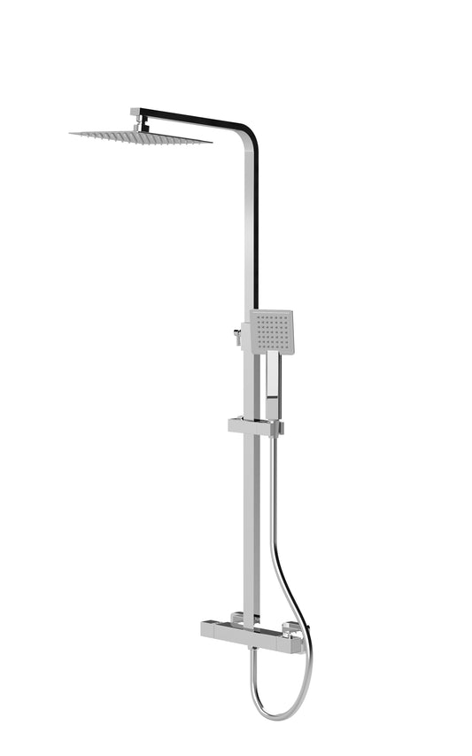 A silver-colored square thermostatic bar shower with a handheld shower unit and a large overhead shower head, against a white background.