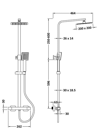 Technical drawing showing dimensions of a square shapred exposed valve overhead shower and hand attachment, dimensions for height, width and depth are shown.