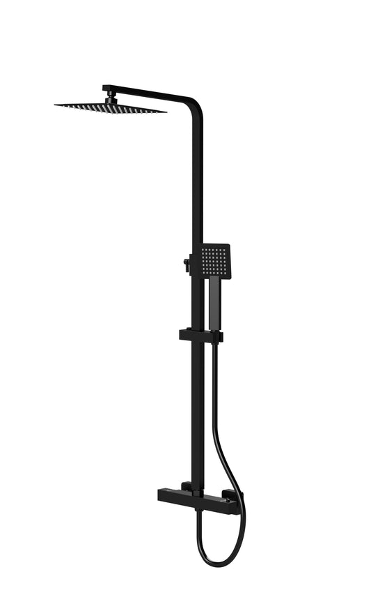 A matt black-colored square thermostatic bar shower with a handheld shower unit and a large overhead shower head, against a white background.