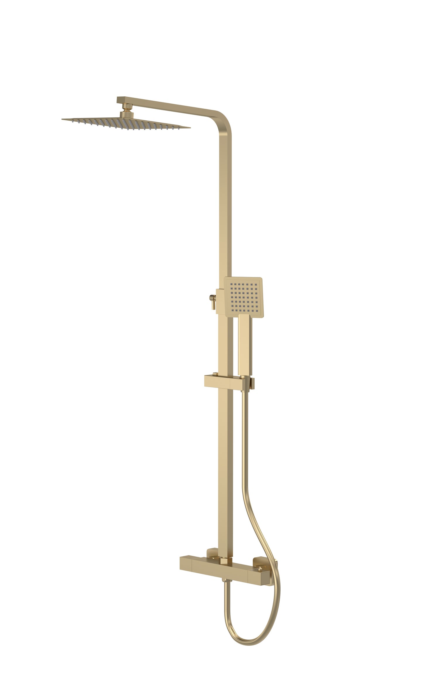 A brushed brass-colored square thermostatic bar shower with a handheld shower unit and a large overhead shower head, against a white background.