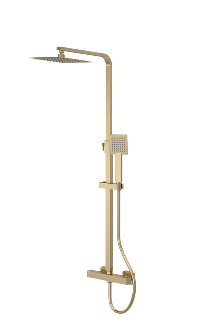 A brushed brass-colored square thermostatic bar shower with a handheld shower unit and a large overhead shower head, against a white background.