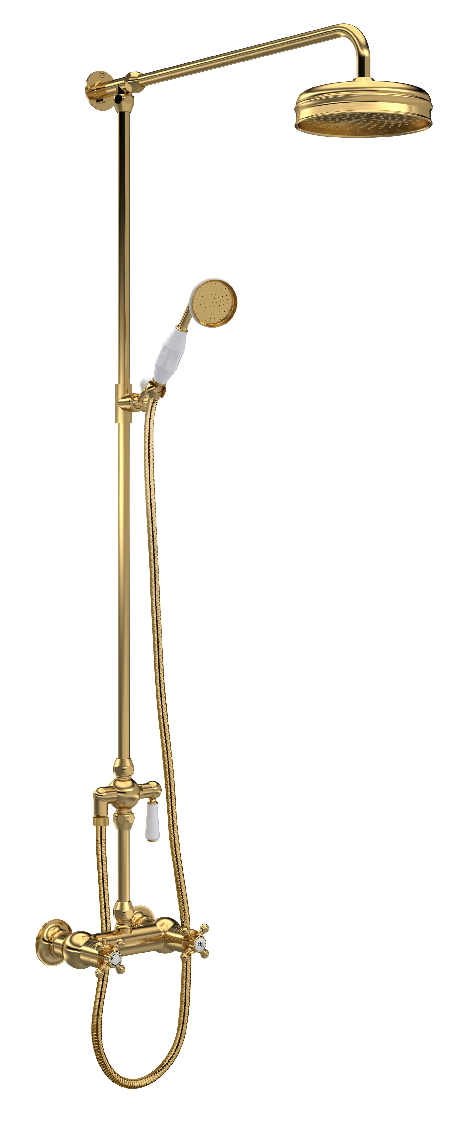A traditional thermostatic shower valve and kit with a round shower head, matching handset, and a diverter, finished in brushed brass.
