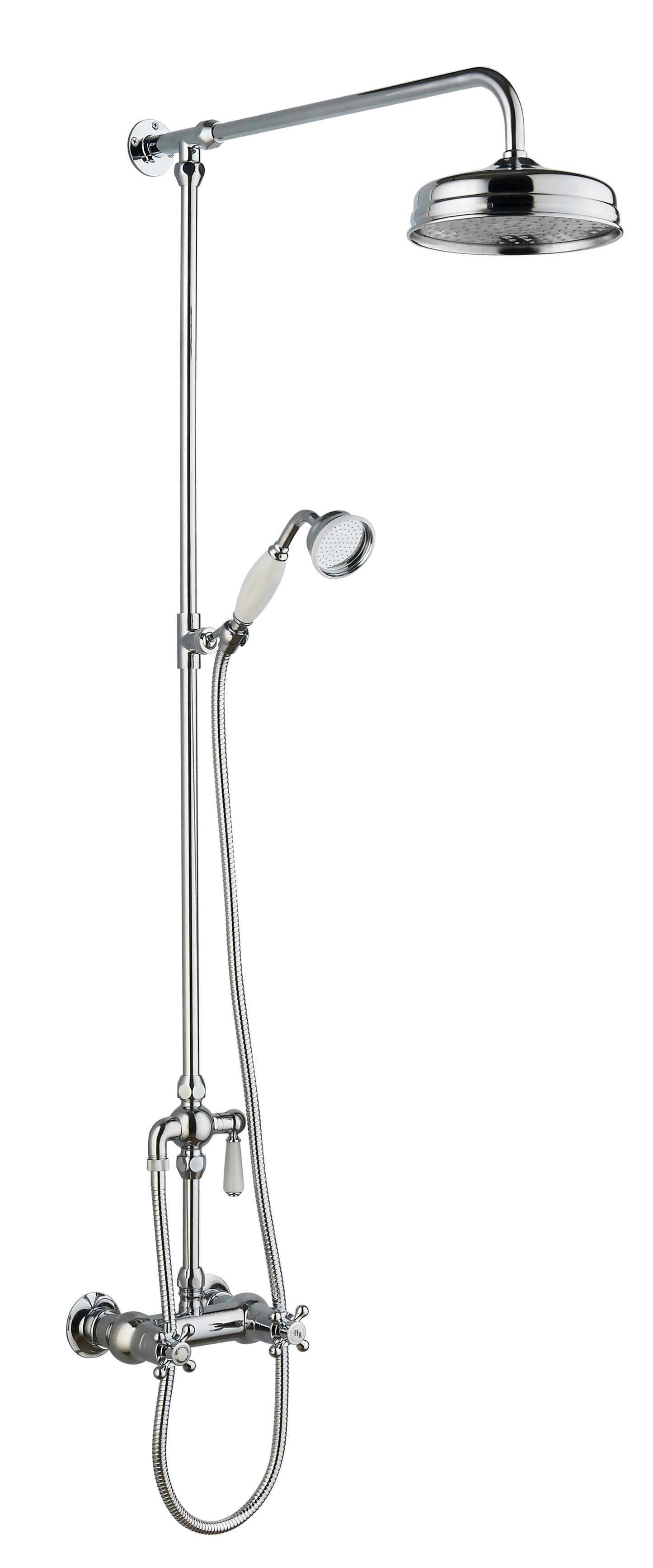 A traditional thermostatic shower valve and kit with a round shower head, matching handset, and a diverter, finished in chrome.