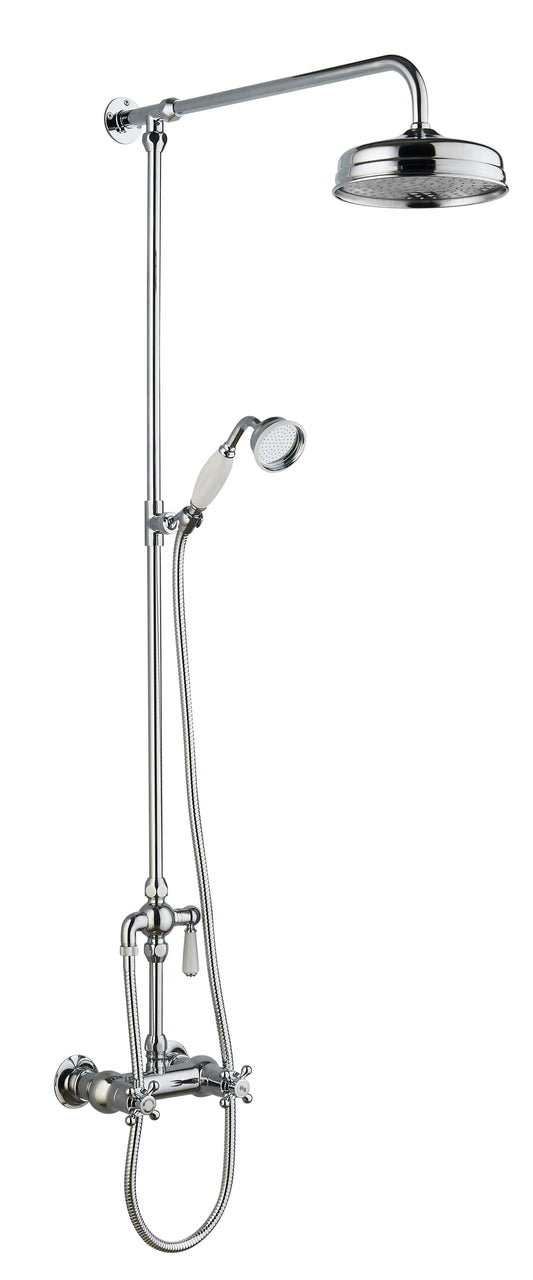 A traditional thermostatic shower valve and kit with a round shower head, matching handset, and a diverter, finished in chrome.