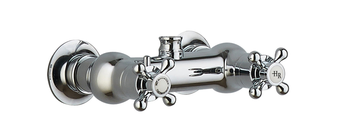 Image shows a chrome traditional exposed shower control valve with the logo "HR" for Hudson Reed.