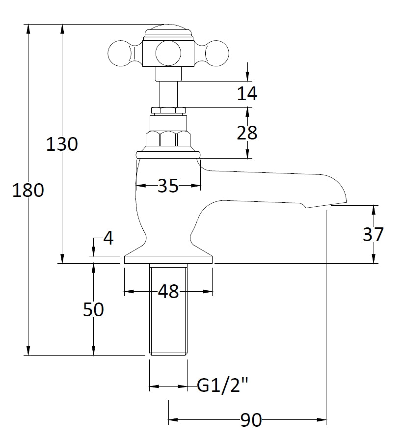 Technical drawing of a faucet with dimensions labeled